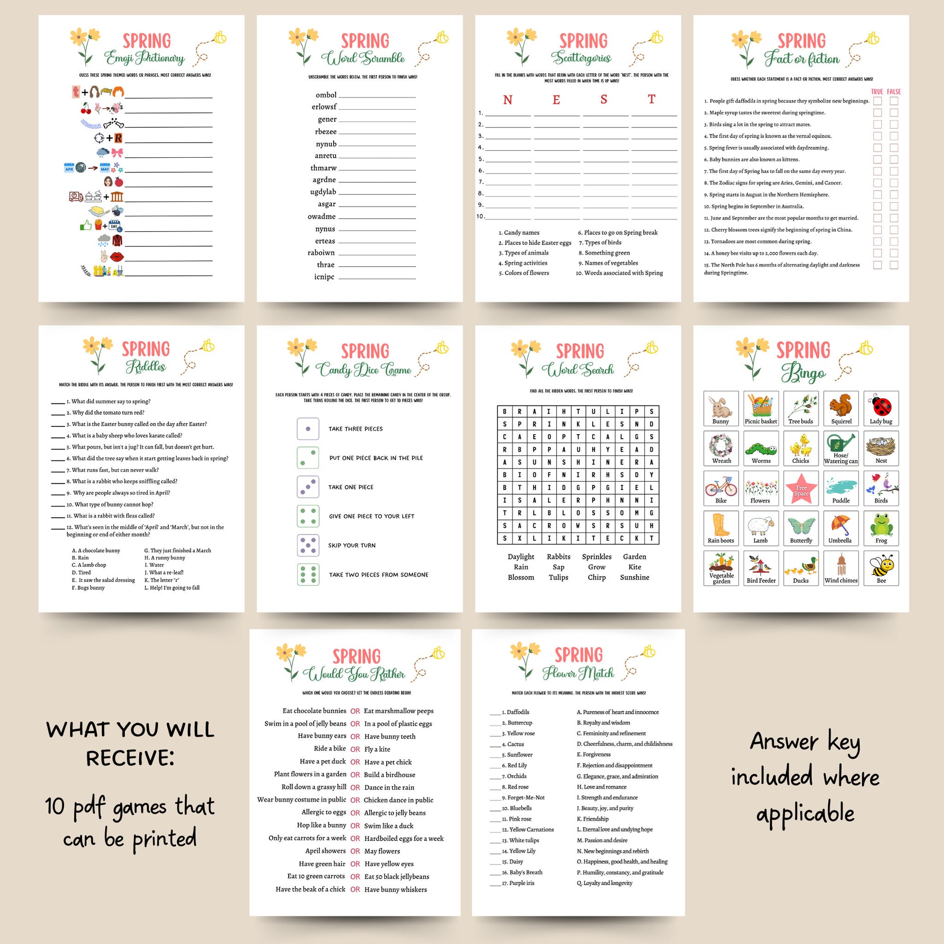 Spring Games Bundle Printable, Spring Party Games, Spring Activities Adults & Kids, Springtime Trivia, Fun Family Group Game, Classroom Game